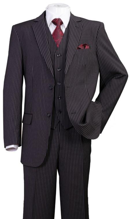 Classic Fit Pleated Pants - 2 Button Suit Pinstripe - Vested Suit 3 Pieces Suits Black