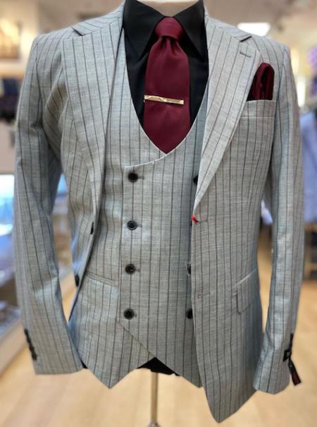 1920s Mint Grey And Black Pinstripe Suit - Vested Stripe Gangster Suit - SAM371SK-01