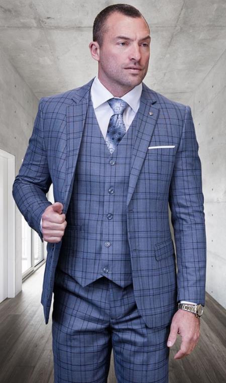 Statement Suits - Plaid Suits - Business Suits Italian Vested Suits Blue