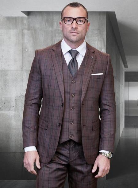 Statement Suits - Plaid Suits - Business Suits Italian Vested Suits Brown - 100% Percent Wool Fabric Suit - Worsted Wool Business Suit