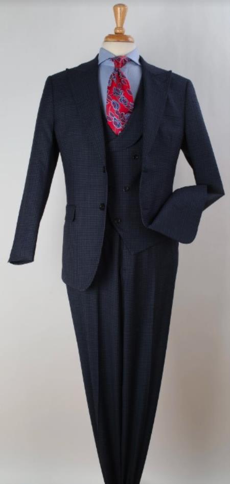 Blue Houndstooth Vested Suit - Checkered Patterned Suit