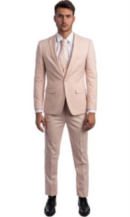 Mens Blush Pink 3 Piece 2 Button Super Slim Fit Suit - Slim Fit Cut