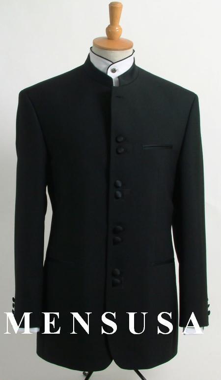 Mandarin Collar Tuxedo - Mandarin Tuxedo - No Collar Suit - Solid Black Suit