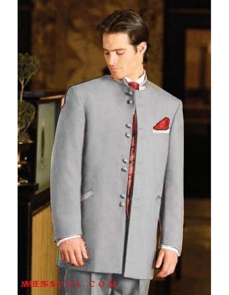 Mandarin Collar Tuxedo - Mandarin Tuxedo - No Collar Suit - Light Grey Suit