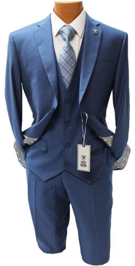 Stacy Adams Suit Mens 3 Piece Suit Mens Indigo Blue Vested Modern Fit
