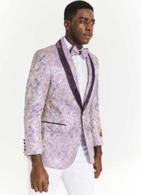 Mens Lavender Paisley Blazer - Big and Tall Sport Coat With Bowtie