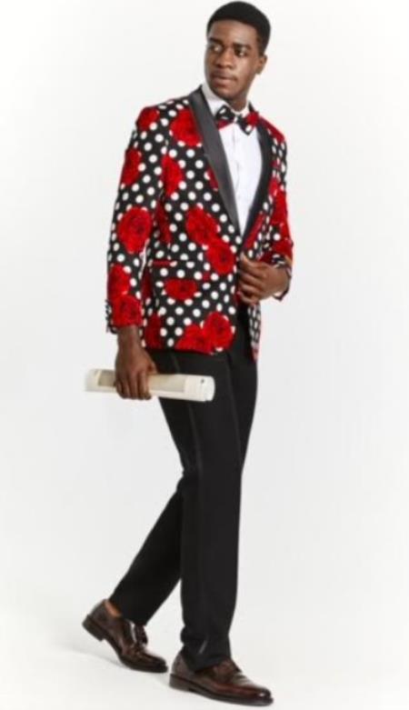 Mens Plus Size Blazers - Large Mens Blazers Mens Black ~ Red ~ White Paisley Blazer - Big and Tall Sport Coat With Bowtie