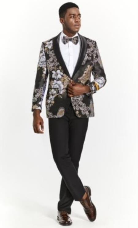 Mens Plus Size Blazers - Large Mens Blazers Mens Black ~ White Paisley Blazer - Big and Tall Sport Coat With Bowtie