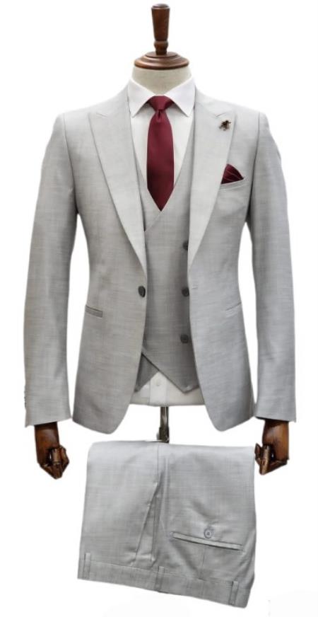 Mens Suits with Double Breasted Vest - Single Button Peak Lapel Silver Suits