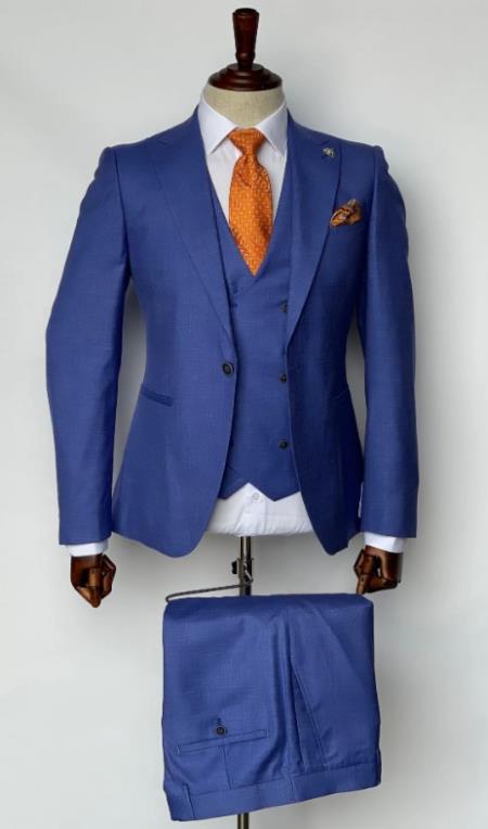 Mens Suits with Double Breasted Vest - Single Button Peak Lapel French Blue Suits