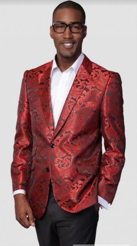 Mens Red Paisley Blazer - Big and Tall Sport Coat With Bowtie
