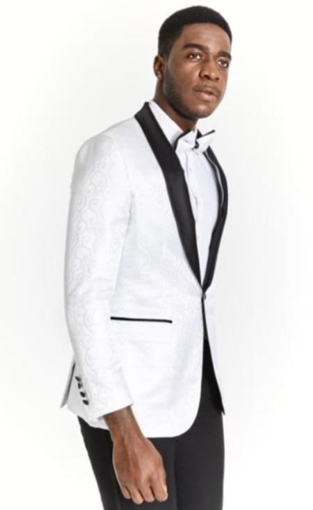 Mens White and Black Paisley Blazer - Big and Tall Sport Coat With Bowtie