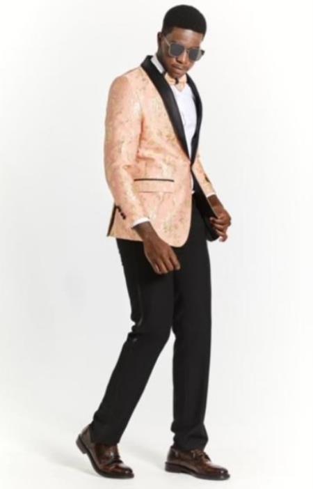 Mens Peach Paisley Blazer - Big and Tall Sport Coat With Bowtie