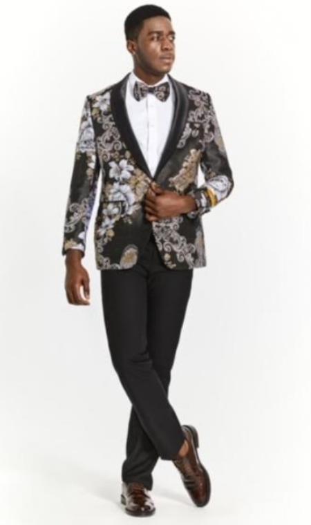 Mens Black ~ White Paisley Blazer - Big and Tall Sport Coat With Bowtie