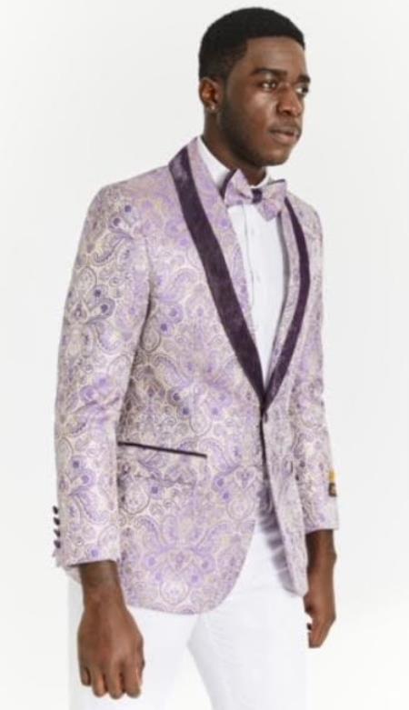 Mens Lavender Paisley Blazer - Big and Tall Sport Coat With Bowtie