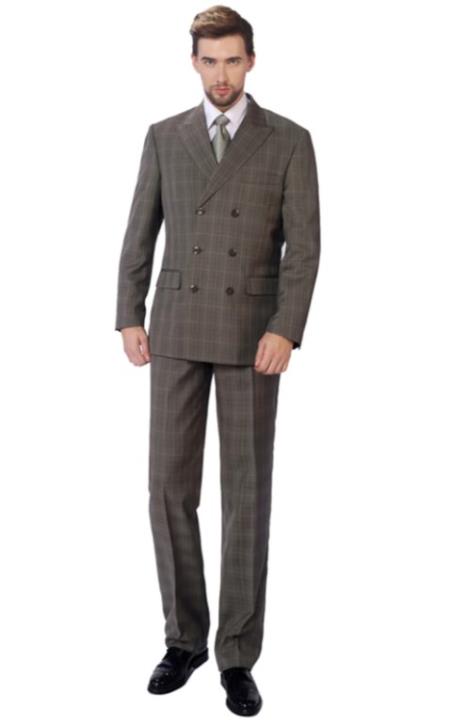 Mens 2-Piece Classic Fit Double Breasted Peak Lapel Walnut Plaid Suit