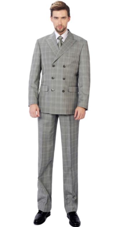 Mens 2-Piece Classic Fit Double Breasted Peak Lapel Grey Plaid Suit