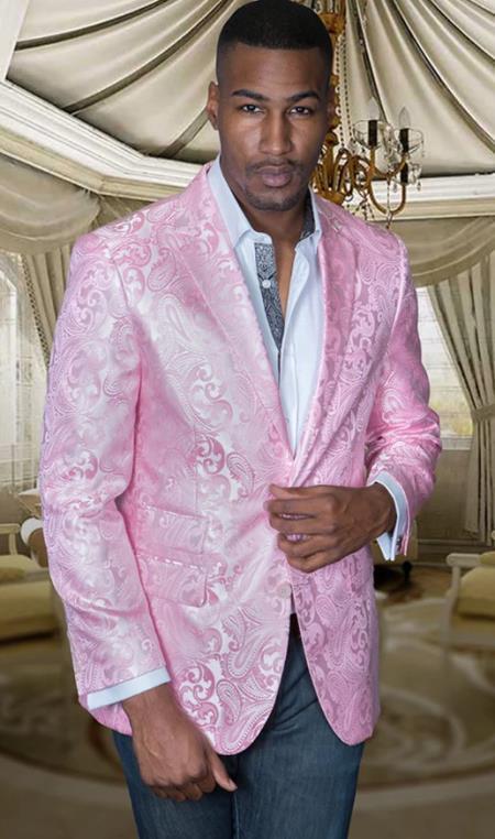 Mens Light Pink Paisley Blazer - Big and Tall Sport Coat With Bowtie