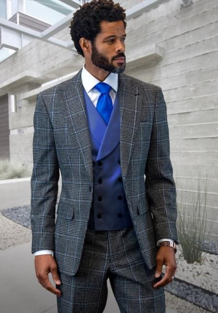 SKU#JA60604 Statement Mens 3 Piece Suit - Glen Plaid Checkered Indigo - 100% Percent Wool Fabric Suit - Worsted Wool Business Suit