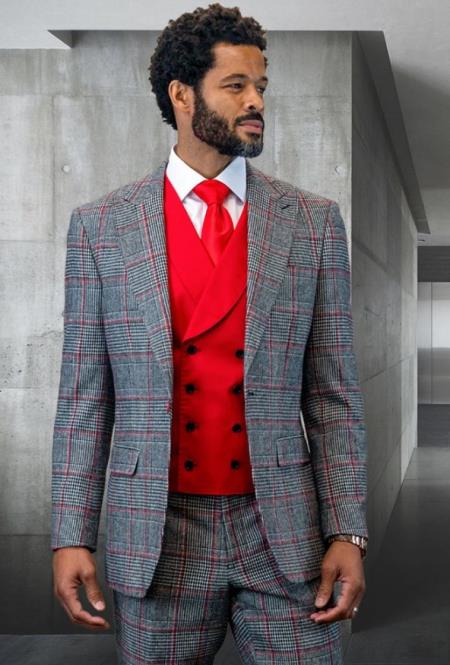 SKU#JA60605 Statement Mens 3 Piece Suit - Glen Plaid Checkered Red - 100% Percent Wool Fabric Suit - Worsted Wool Business Suit