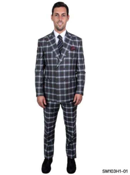 Mens Six Button Double Breasted Peak Lapel Hybrid Fit Suit Black ~ Grey