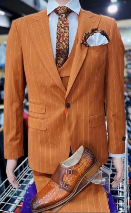 Orange Pinstripe Suit - Rust - Cognac Brick Color Suit + Free White Shirt(Combo Deal)