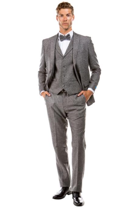 SKU#JA60646 Burgundy Suit - Herringbone Suit - Winter Vested Suit Tweed Suit Grey