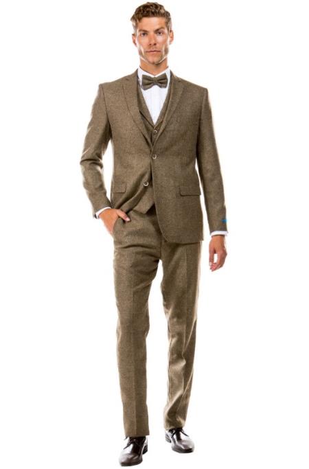 SKU#JA60647 Burgundy Suit - Herringbone Suit - Winter Vested Suit Tweed Suit Tan