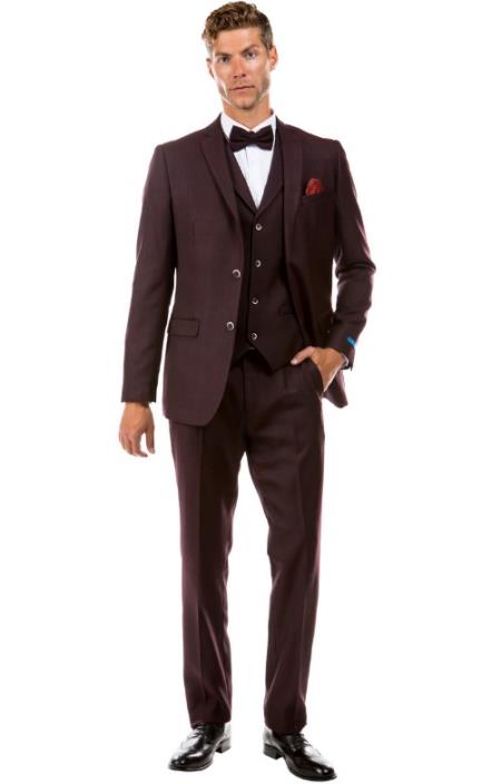 SKU#JA60650 Burgundy Suit - Herringbone Suit - Winter Vested Suit Tweed Suit Burgundy