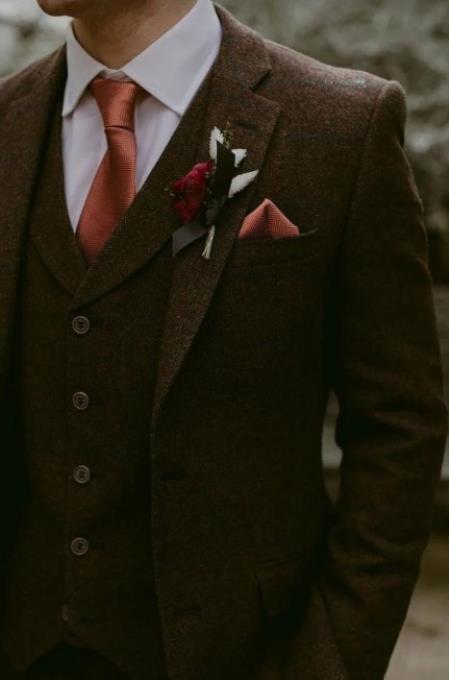 SKU#JA60651 Burgundy Suit - Herringbone Suit - Winter Vested Suit Tweed Suit Brown