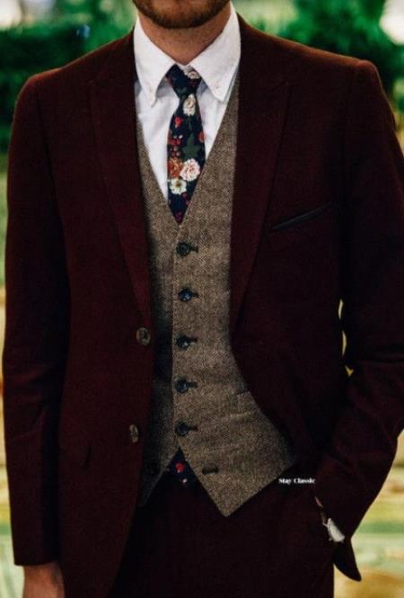 SKU#JA60652 Burgundy Suit - Herringbone Suit - Winter Vested Suit Tweed Suit