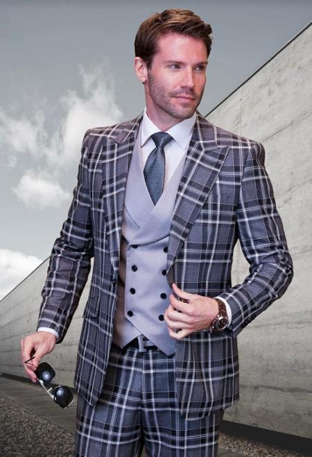 SKU#JA60660 Statement Suits - Plaid Suits - Vested Suits- Peak Lapel Suits - Black - 100% Percent Wool Fabric Suit - Worsted Wool Business Suit