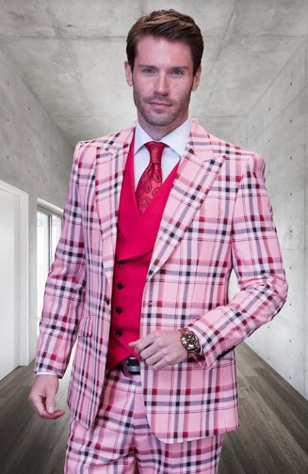SKU#JA60666 Statement Suits - Plaid Suits - Vested Suits- Peak Lapel Suits - Pink - 100% Percent Wool Fabric Suit - Worsted Wool Business Suit