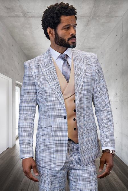 SKU#JA60667 Statement Suits - Plaid Suits - Vested Suits- Peak Lapel Suits - Camel - 100% Percent Wool Fabric Suit - Worsted Wool Business Suit