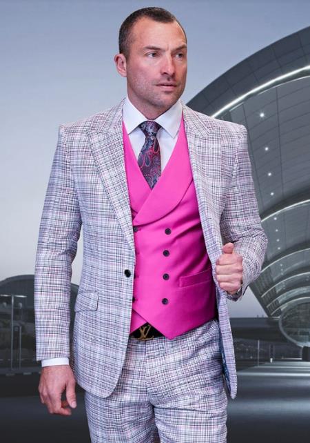 SKU#JA60668 Statement Suits - Plaid Suits - Vested Suits- Peak Lapel Suits - Pink - 100% Percent Wool Fabric Suit - Worsted Wool Business Suit