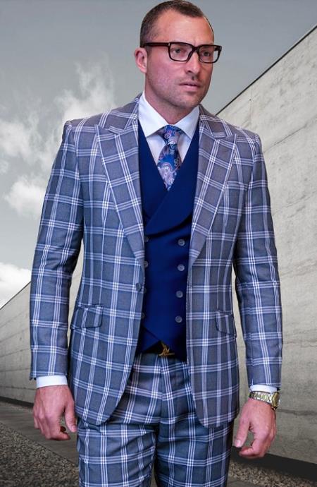 SKU#JA60672 Statement Suits - Plaid Suits - Vested Suits- Peak Lapel Suits - Celeste