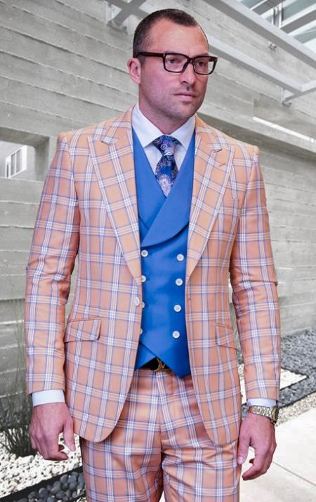 SKU#JA60674 Statement Suits - Plaid Suits - Vested Suits- Peak Lapel Suits - Tan