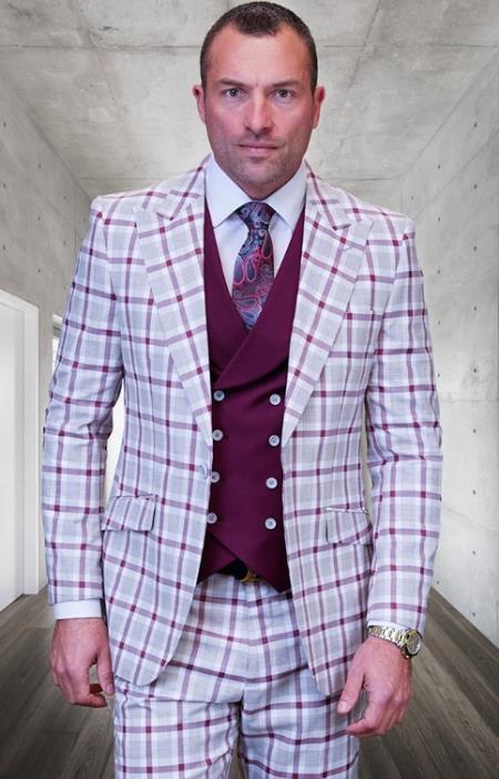 SKU#JA60716 Statement Suits - Plaid Suits - Vested Suits- Peak Lapel Suits - Burgundy - 100% Percent Wool Fabric Suit - Worsted Wool Business Suit