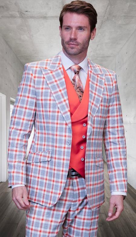 SKU#JA60717 Statement Suits - Plaid Suits - Vested Suits- Peak Lapel Suits - Coral - 100% Percent Wool Fabric Suit - Worsted Wool Business Suit