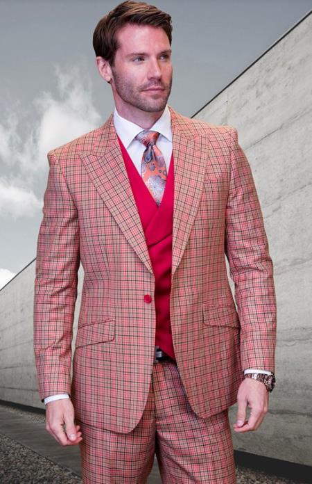 SKU#JA60725 Statement Suits - Plaid Suits - Vested Suits- Peak Lapel Suits - Red - 100% Percent Wool Fabric Suit - Worsted Wool Business Suit