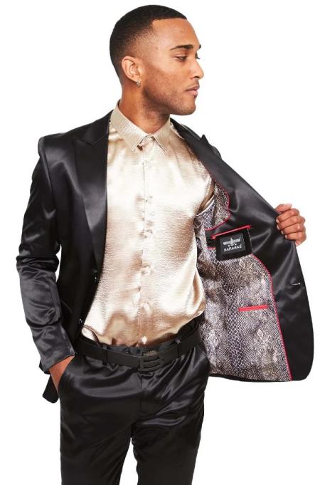 Black Shiny Suit - Flashy Sateen Suit - Bright Color
