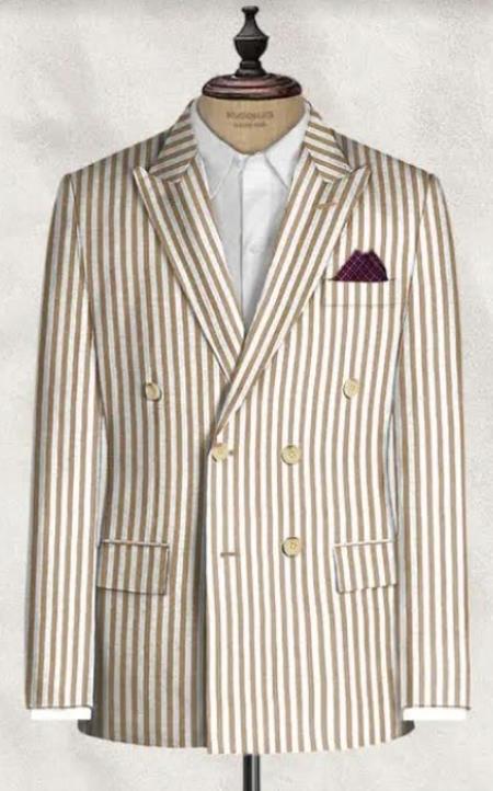 Double Breasted Seersucker Suit - Beige Summer Suit