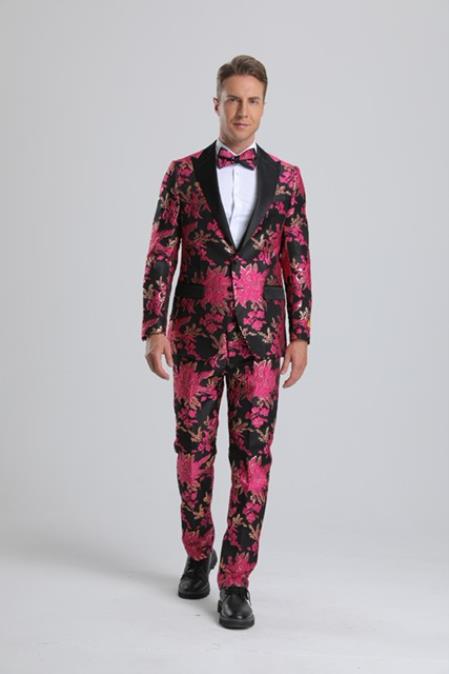Paisley Suits - Wedding Tuxedo - Groom Pink ~ Black Suit + Matching Bowtie