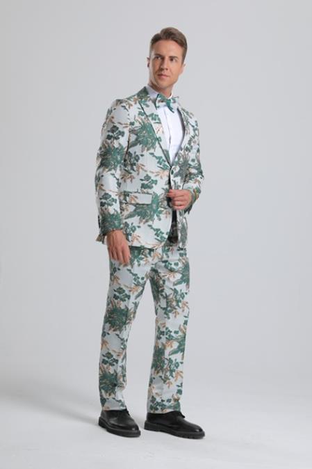 Paisley Suits - Wedding Tuxedo - Groom Green ~ White Suit + Matching Bowtie