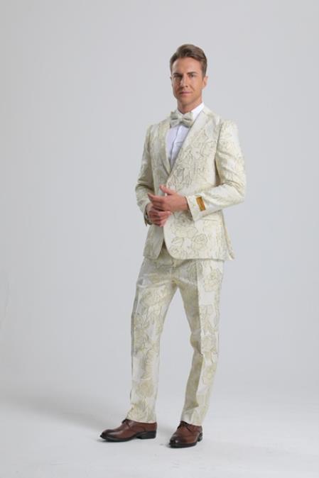Paisley Suits - Wedding Tuxedo - Groom Ivory Suit + Matching Bowtie