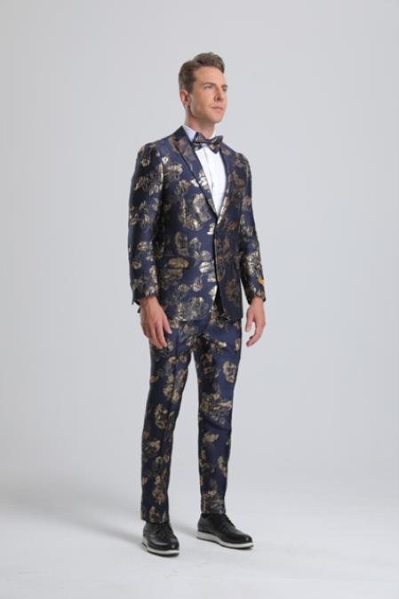 Paisley Suits - Wedding Tuxedo - Groom Gold ~ Navy Blue Suit + Matching Bowtie
