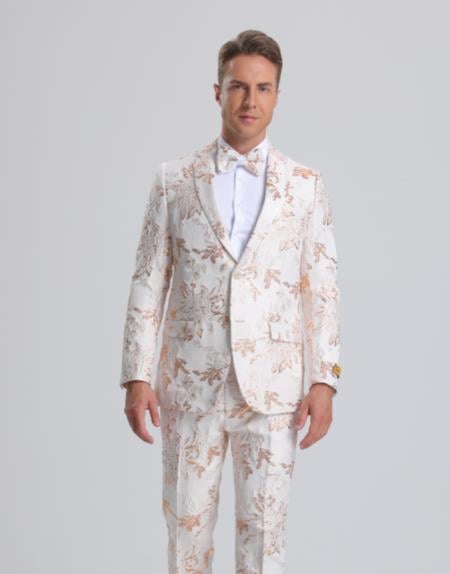 Paisley Suits - Wedding Tuxedo - Groom White ~ Gold Suit + Matching Bowtie