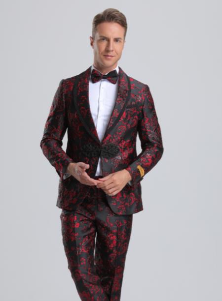 Paisley Suits - Wedding Tuxedo - Groom Red ~ Black Suit + Matching Bowtie