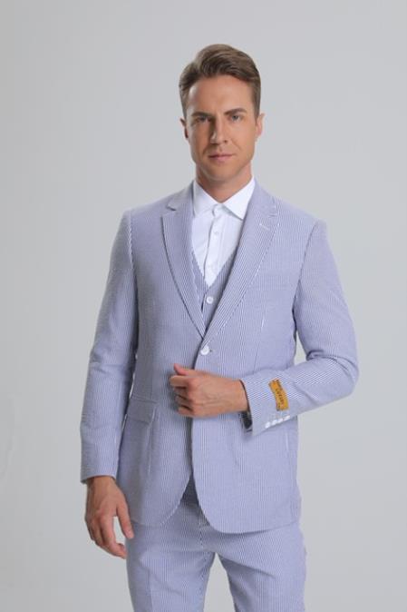 SKU#JA61387 Seersucker Suit - Summer Suit - Cotton Suit - Light Blue