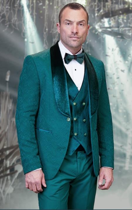 SKU#JA61467 Emerald Green Tuxedo - Hunter Green Tuxedo Velvet Lapel, Velvet Vest with Gold Button and Side Trim on the Pants